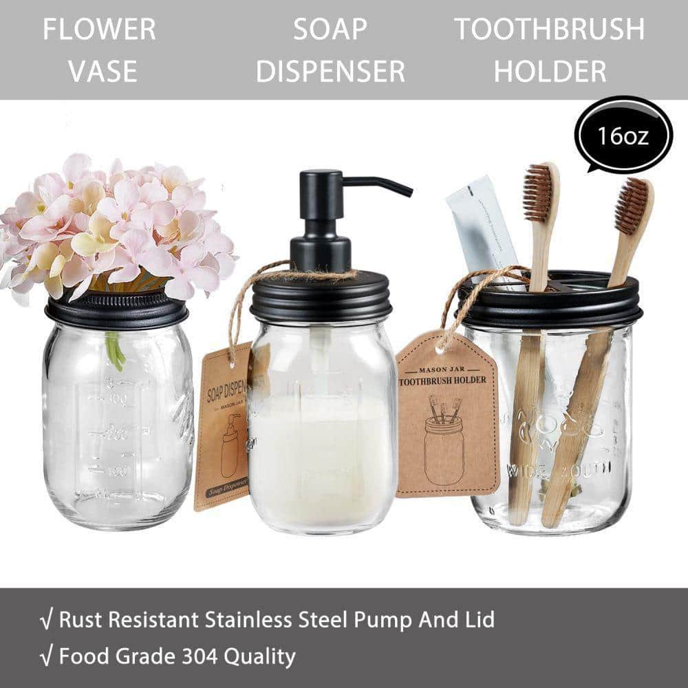 Dracelo 8-Piece Bathroom Accessory Set with Lotion Dispenser,Toothbrush Holder, Apothecary Jars, Soap Dish, Vanity Tray in Black (3)