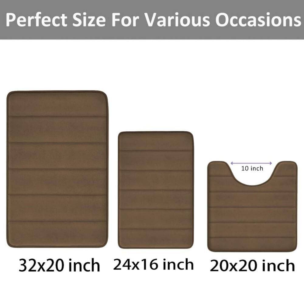 Numhew 32 in. x 20 in. 3 Piece Memory Foam Non-Slip Absorbent Bathroom Mats Set in Brown for Bathroom, Tub, Shower, and Toilet (2)