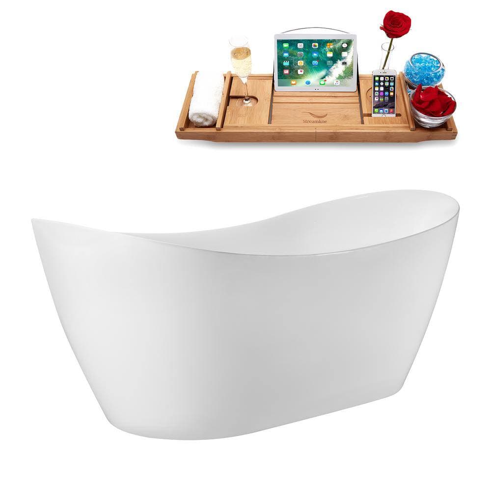 Streamline 68 in. 30 in. Acrylic Freestanding Soaking Bathtub Glossy White with Matte Black Drain, Bamboo Tray (2)