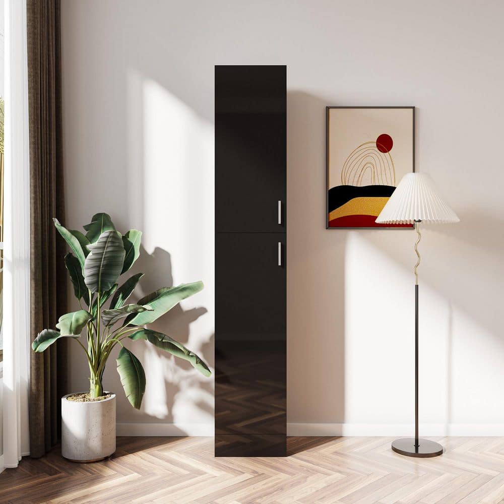 YSQCAR 13.5 in. W x 11.8 in. D x 74.8 in. H Black MDF Freestanding Linen Cabinet with Door, Adjustable Shelf (2)