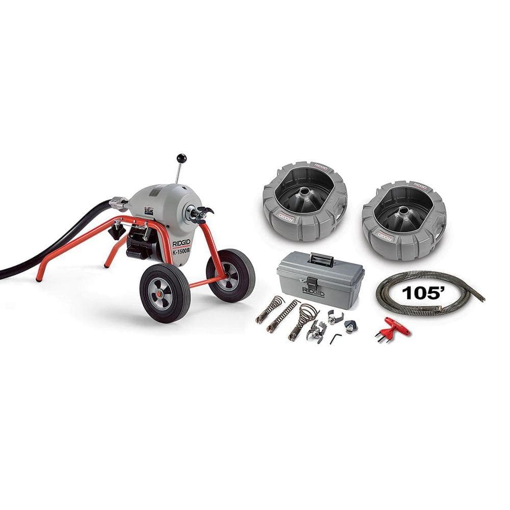 RIDGID K1500B Sectional Machine for 2-8 in. Lines, w/Mitt, Pin Key, Rear Guide Hose, 11/4 in. Cable, 2-Cable Carriers, Tool Set (2)