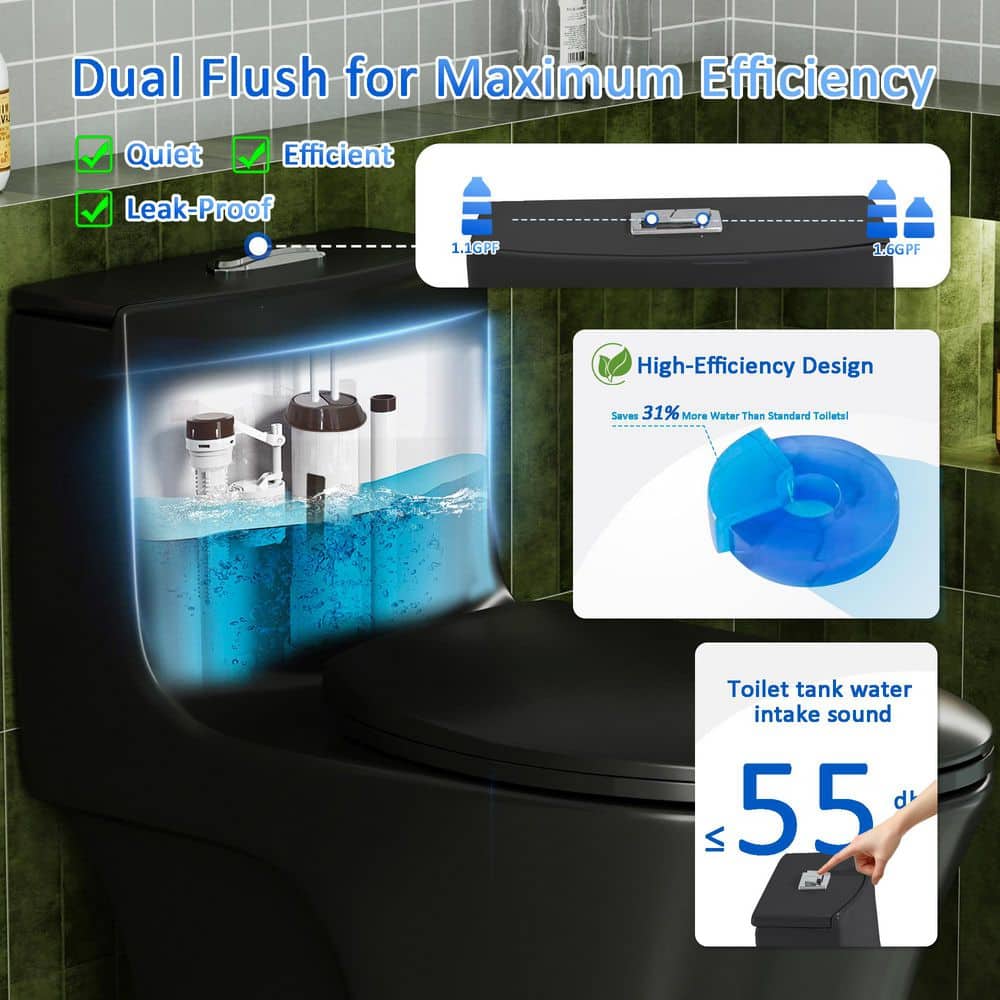Bezeit 12 in. 1-Piece 1.1/1.6 GPF Dual Flush Elongated Toilet in Matte Black, Seat Included-WaterSense Certified (3)