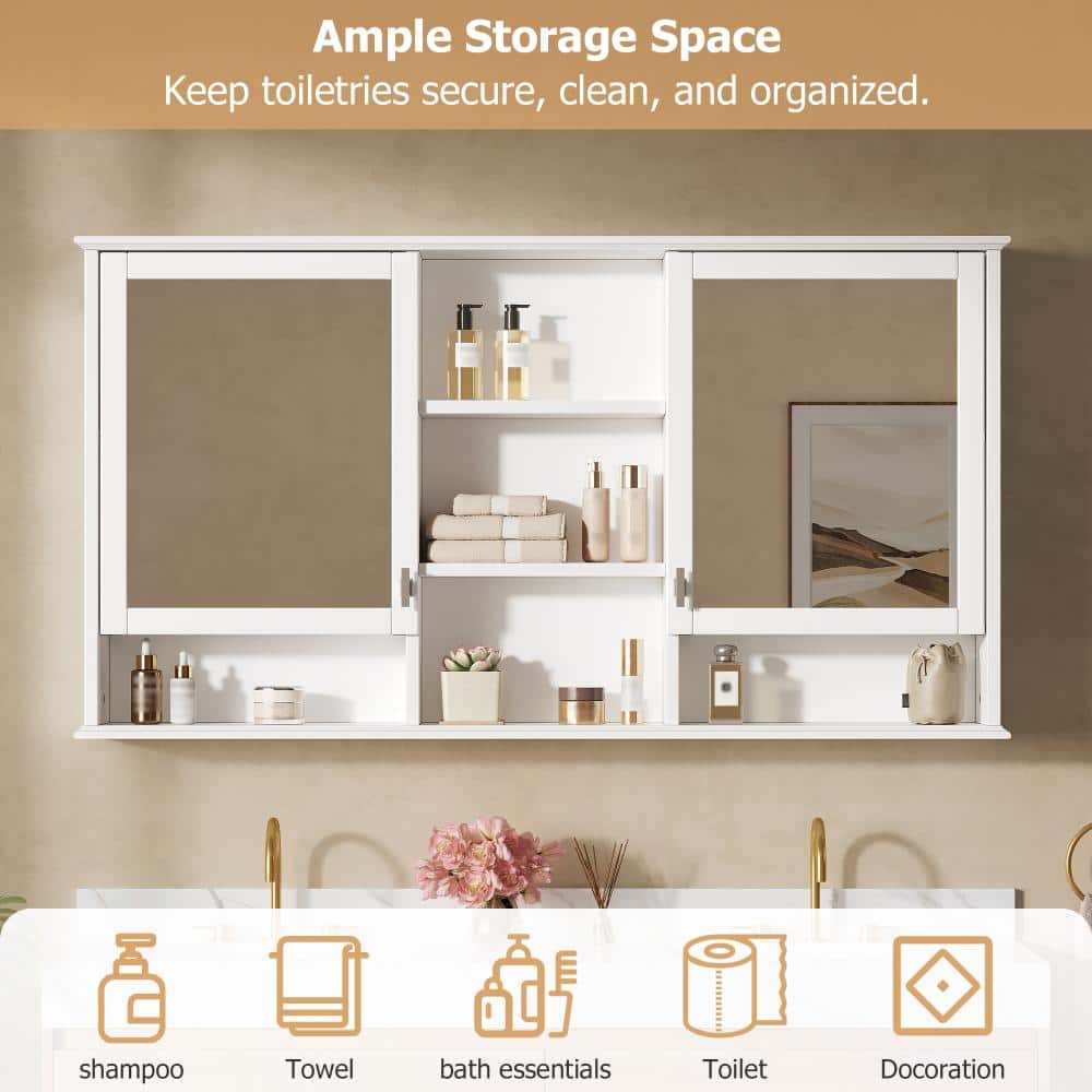 COWLOWN 55 in. W x 28.7 in. H White Rectangular Wood Medicine Cabinet with Mirror, Adjustable Shelves (3)