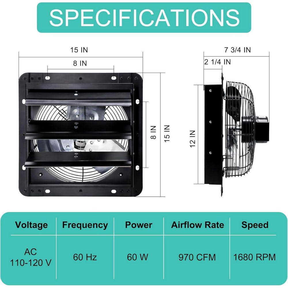 KIWDZFU 12 in. Shutter Exhaust Fan, Wall Mount Attic Fan with Power Cord, 970 CFM, Black (2)