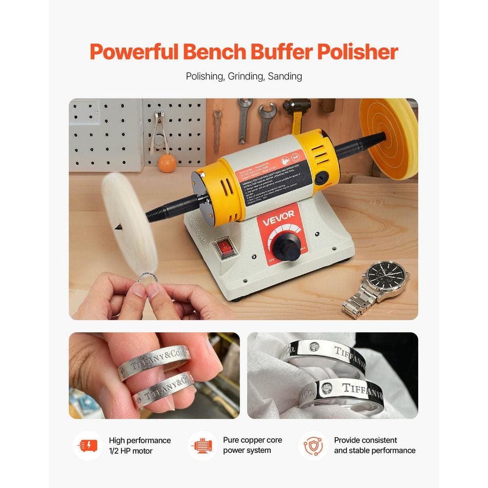VEVOR Bench Buffer Polisher 1/2HP Polishing and Buffing Machine, 0 to 8000RPM Benchtop Polisher w/ 2-Pieces 4 in. Cotton Wheel (2)