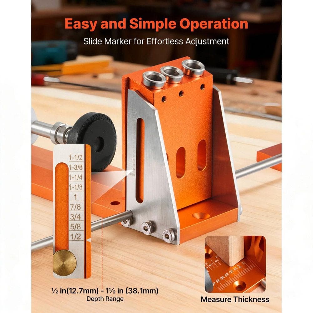 VEVOR Pocket Hole Jig Kit, 1/2 to 1-1/2 in. Adjustable, Jig Pocket Hole System with Tool case, C-Clamp, Step Drill, Hex Wrench (3)
