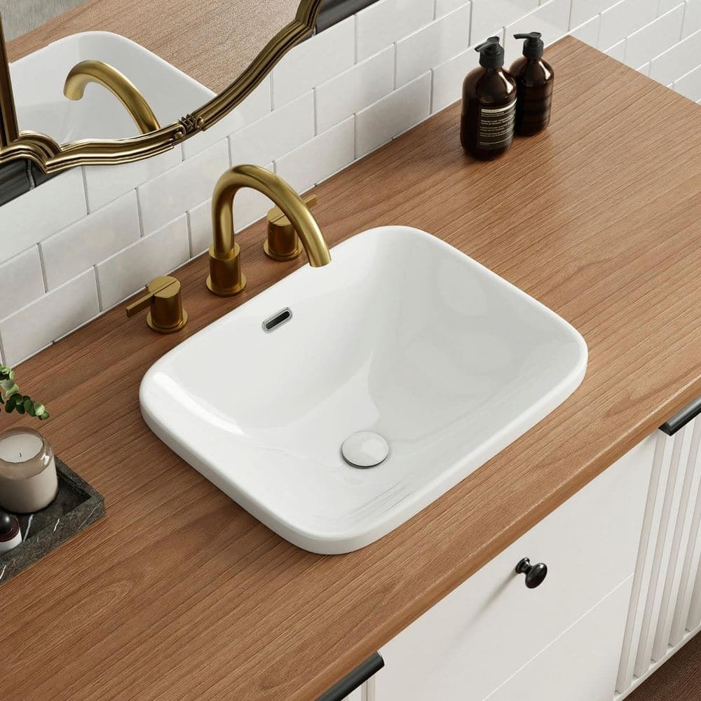 Los Flexi 19 in. x 15 in. Semi Recessed Bathroom Sink Rectangular with Overflow, White Ceramic Sink with Cutout Template