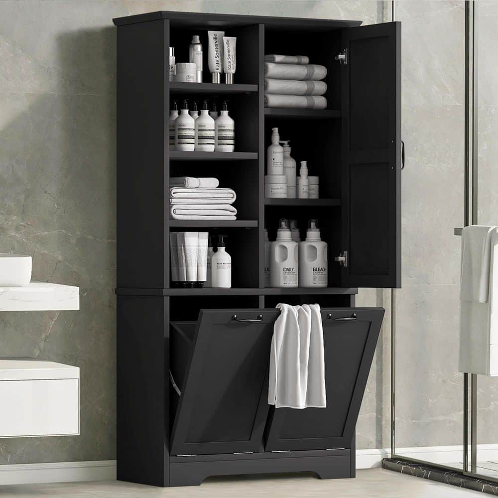 Tenleaf 31 in. W 14 in. D 68 in. H Wood Linen Cabinet Storage Cabinet with Tilt-Out Laundry and Adjustable Shelf (2)