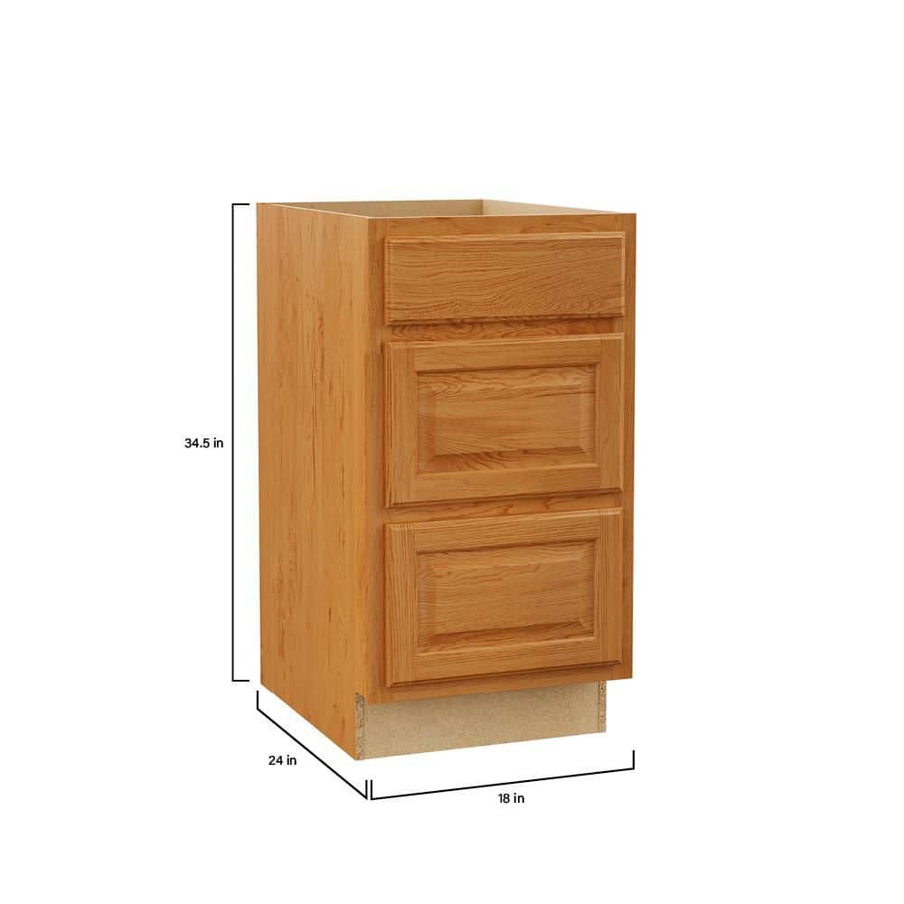 Hampton Bay Hampton 18 in. W x 24 in. D x 34.5 in. H Assembled 3-Drawer Base Kitchen Cabinet in Medium Oak (4)