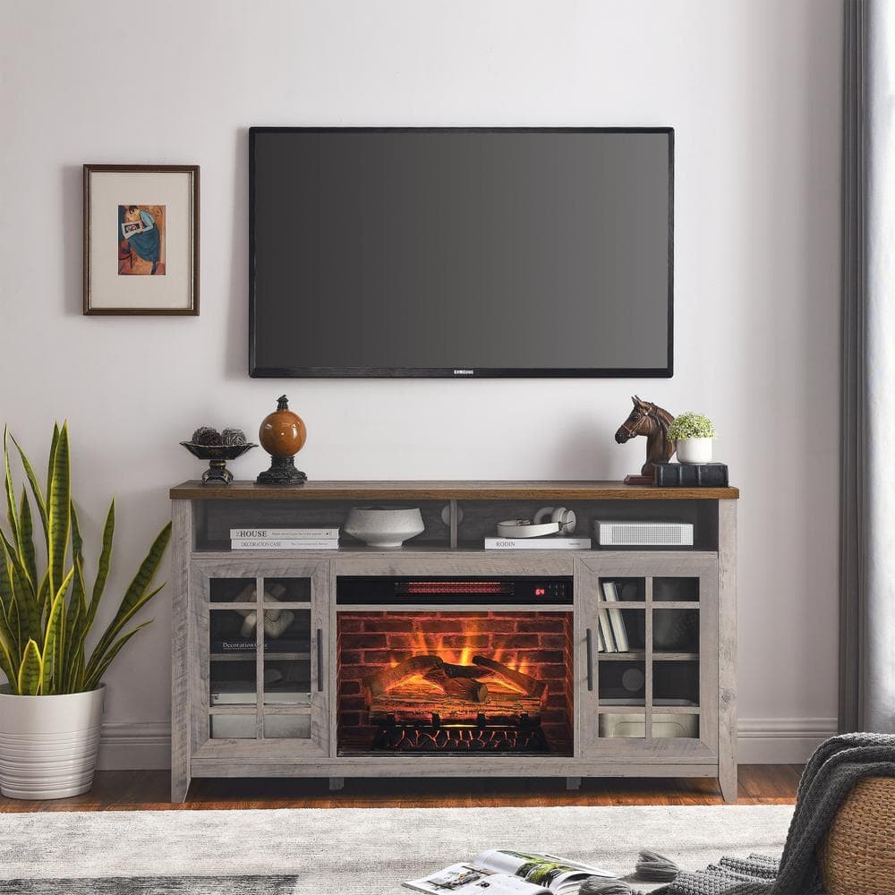 Unbranded 55 in. W 15.5 in. D 30.5 in. H Gray Linen Cabinet with TV Stand and Electric Fireplace KD Inserts Heater (2)