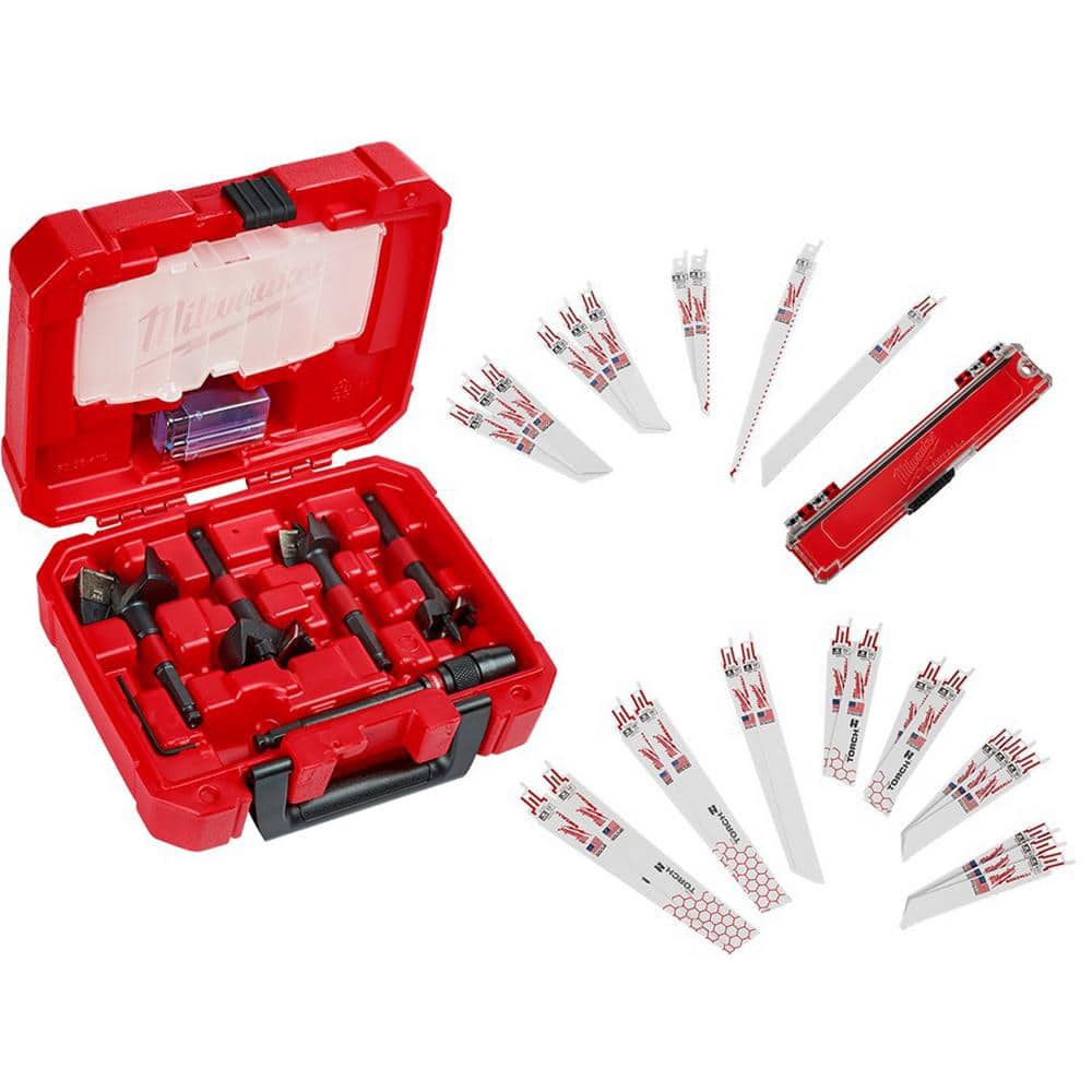 Milwaukee SWITCHBLADE Plumbers Selfeed Bits Set with SAWZALL Wood/Metal Cutting Bi-Metal Reciprocating Saw Blade Set (31-Piece)