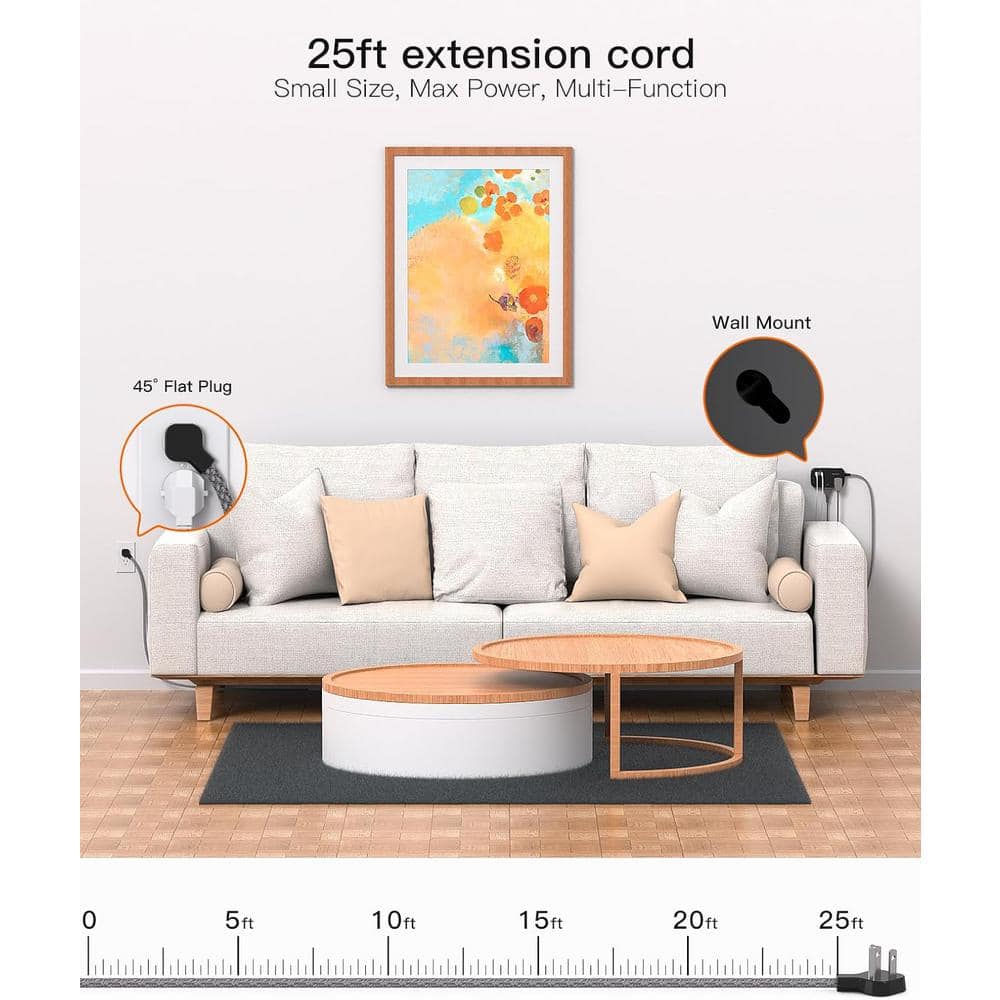 Lukyamzn 25 ft. Flat Plug Power Strip Extension Cord with 6 Outlets, 4 USB Ports (2 USB-C), No Surge Protector, Wall Mount, Black (2)