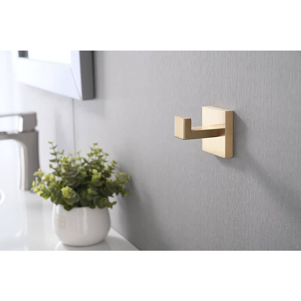 Buruis 2-Pack Square J-Hook Robe/Towel Hook in Brushed Gold, Designed for Bathroom, Bedroom and Kitchen (2)
