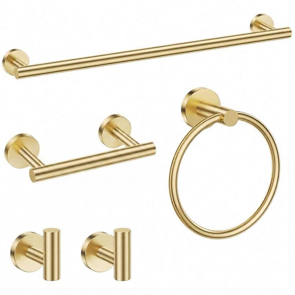 KHKFY 5-Piece Brushed Gold Stainless Steel Bathroom Hardware Set with 23.6 in Towel Bar and Pivoting Toilet Paper Holder (1)