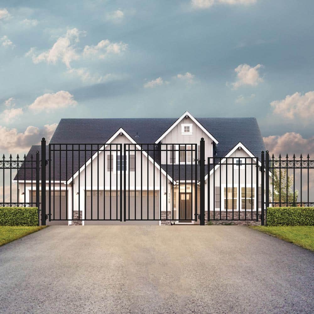 ALEKO 23 ft. x 6 ft. Black Steel Dual Swing Driveway Gate Madrid Style 18 ft. with Pedestrian Gate 5 ft. Fence Gate (2)