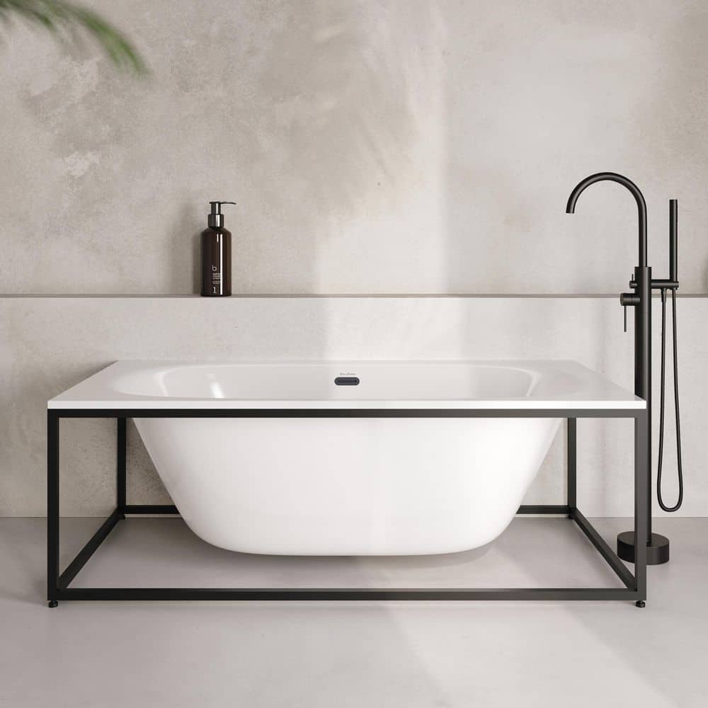Swiss Madison Pierre 30 in. x 60 in. Soaking Glossy White Freestanding Bathtub with Reversible Drain, Black Frame Included