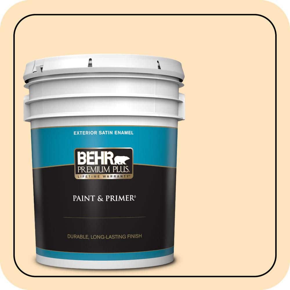 BEHR PREMIUM PLUS 5 gal. #P240-1 Cheese Powder Satin Enamel Exterior Paint & Primer
