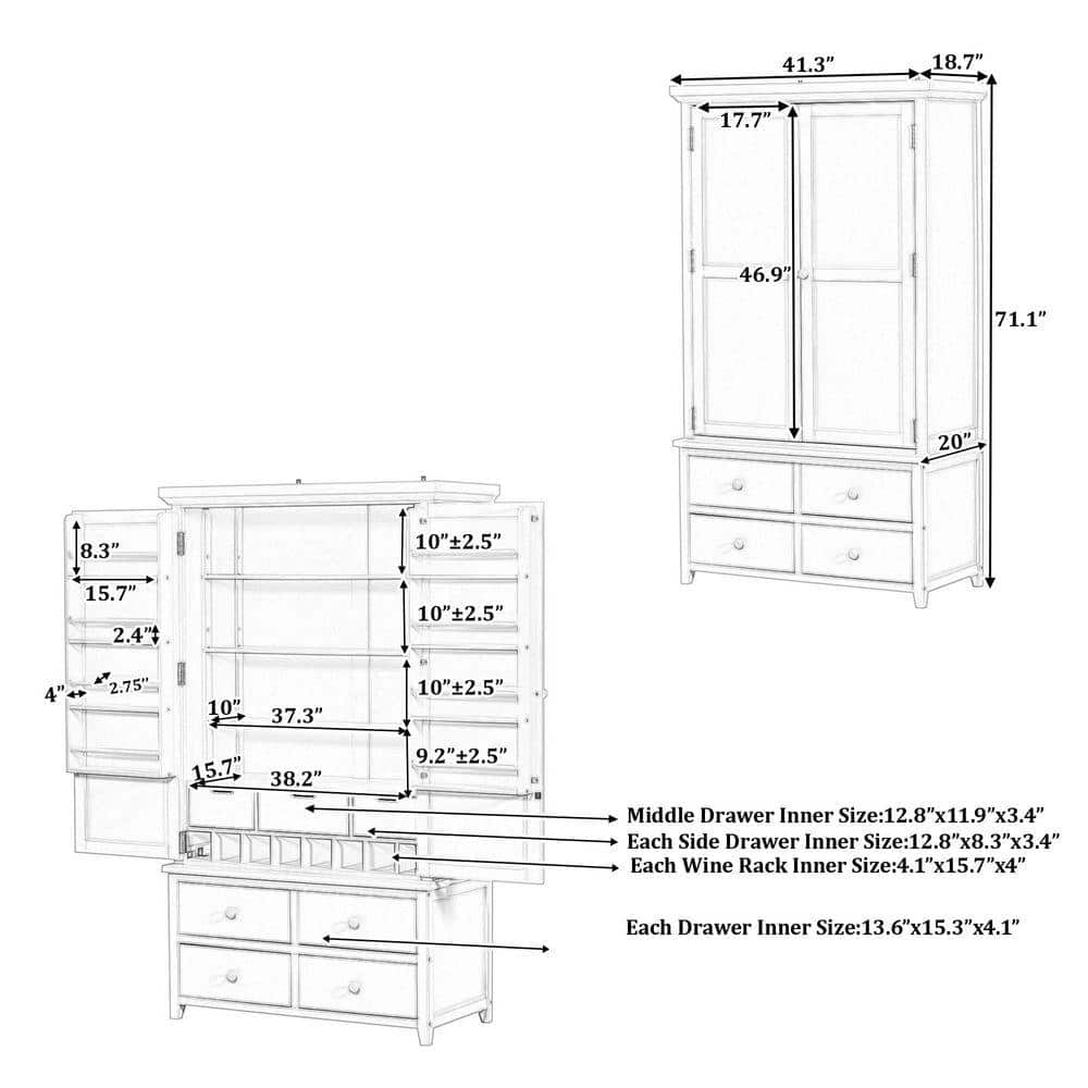 XUJMK 41 in. W x 20 in. D x 71 in. H Blue Linen Cabinet, Freestanding Kitchen Wooden Pantry Large Cupboard Storage Cabinet (2)