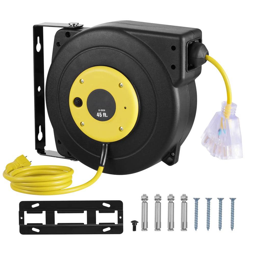 SVOPES 45 ft., 12 Gauge / 3 Conductors, 15 Amps Retractable Extension Cord Reel with 3-Outlets. Heavy Duty 12AWG/3C SJTOW Cord (1)