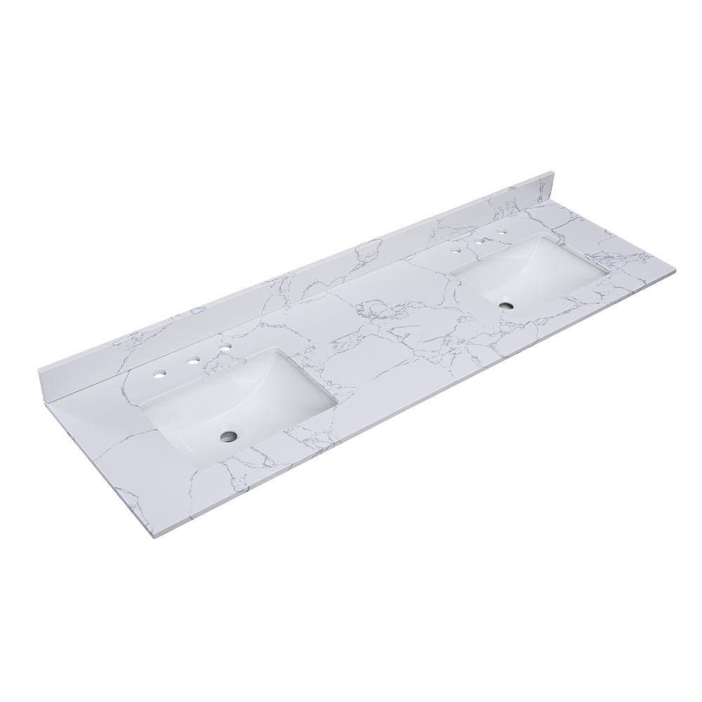 PROOX 73 in. W x 22 in. D Engineered Stone Composite Vanity Top in White with White Rectangular Double Sink (1)