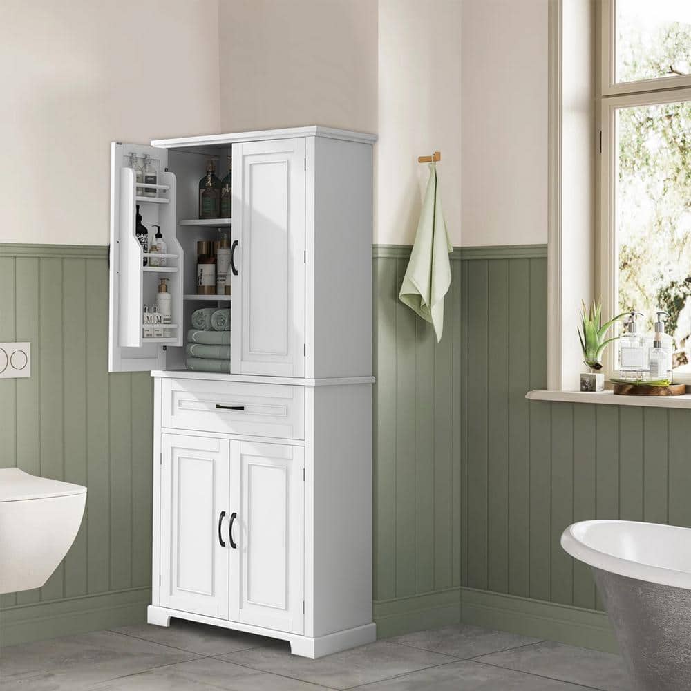 cadeninc 15.70 in. W x 29.9 in. D x 72.2 in. H White MDF Bath Storage Cabinet Linen Cabinet with Doors, Drawer, Adjustable Shelf (3)