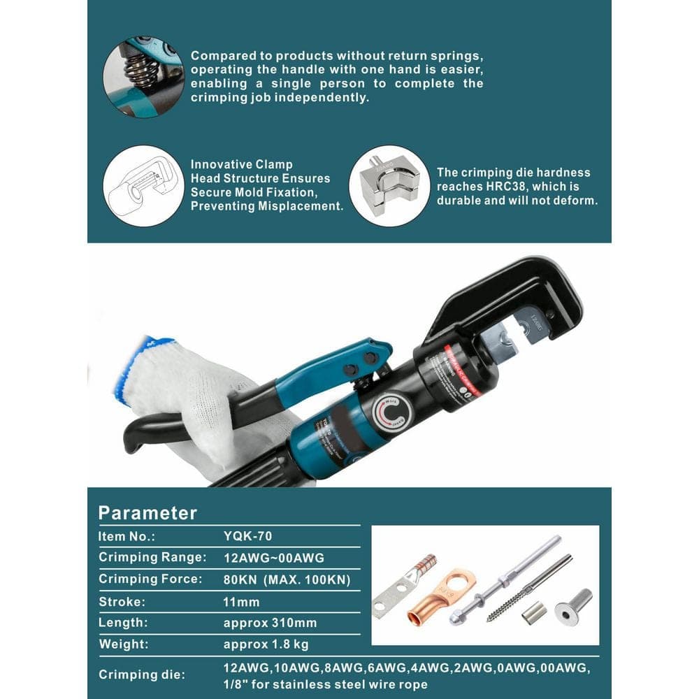 Unbranded Hydraulic Crimping Tool with 9 Hex Dies and 180° Rotating Head for Battery Power Welding Cable 1 Pack (3)