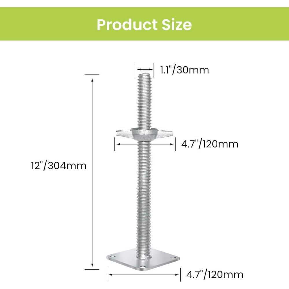 KIWDZFU Adjustable Leveling Jack 12 Inch Galvanized Scaffolding Screw Solid Stem Jack with Base Plate 4 Pack (2)