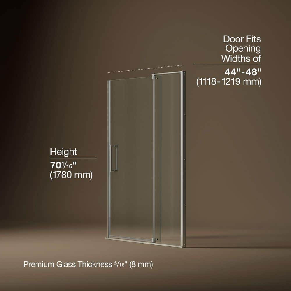 KOHLER Echelon 44-48 in. W x 70 in. H Frameless Pivot Shower Door in Anodized Brushed Nickel with 5/16 in. Thick Tempered Glass (4)