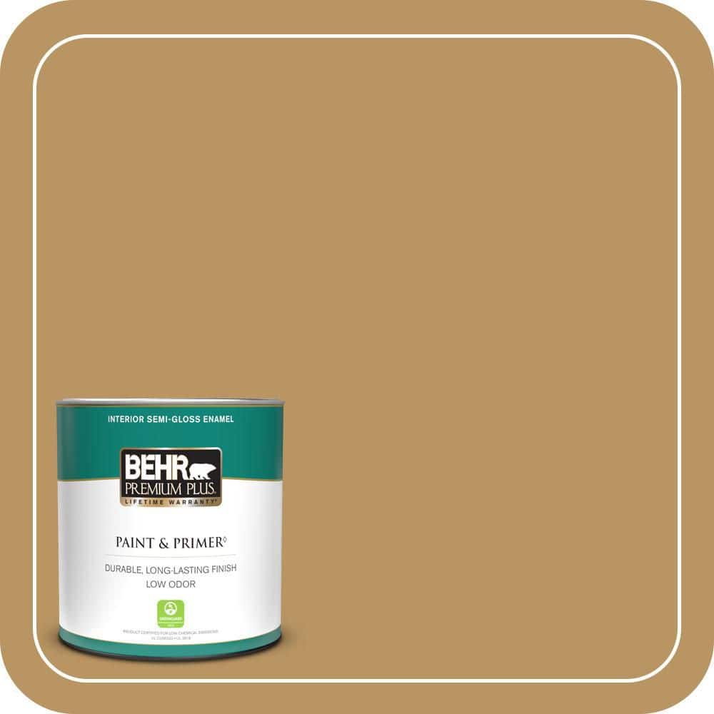 BEHR PREMIUM PLUS 1 qt. #S300-5 Spiced Mustard Semi-Gloss Enamel Low Odor Interior Paint & Primer