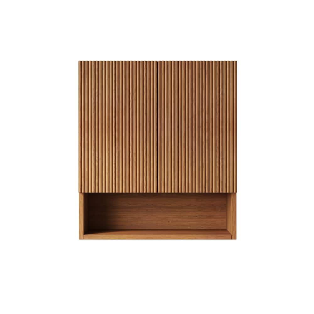 Flynama 26-Inch Striped Wall Mount Cabinet, Doors & Open Storage, Over Toilet Cabinet, Brown Oak Finish (1)