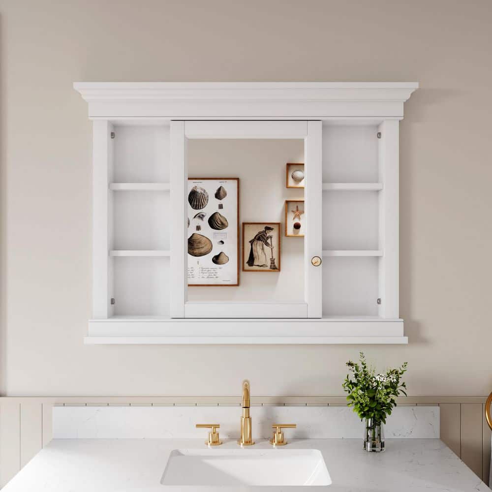 Eoviamne 55 in. W 32 in. H Solid Wood Medicine Cabinet with Mirror with Adjustable Glass Shelf White