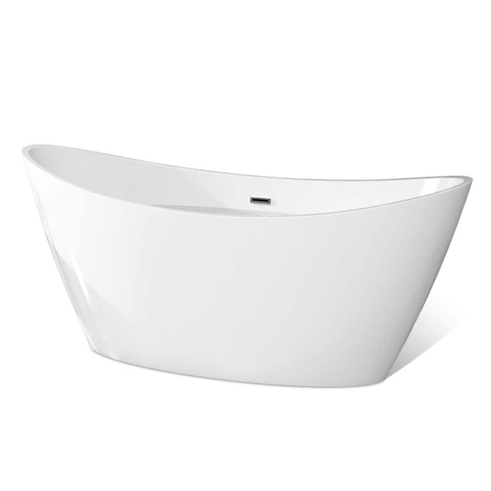 Empava 59 in. Acrylic Flatbottom Hourglass Freestanding Soaking Bathtub in White with Brushed Nickel Overflow and Drain (1)