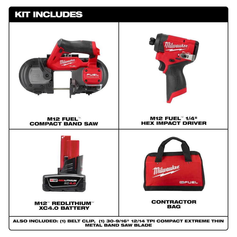 Milwaukee M12 FUEL 12V Lithium-Ion Cordless Compact Band Saw XC Kit with Impact Driver, Battery, Charger and Bag (2)