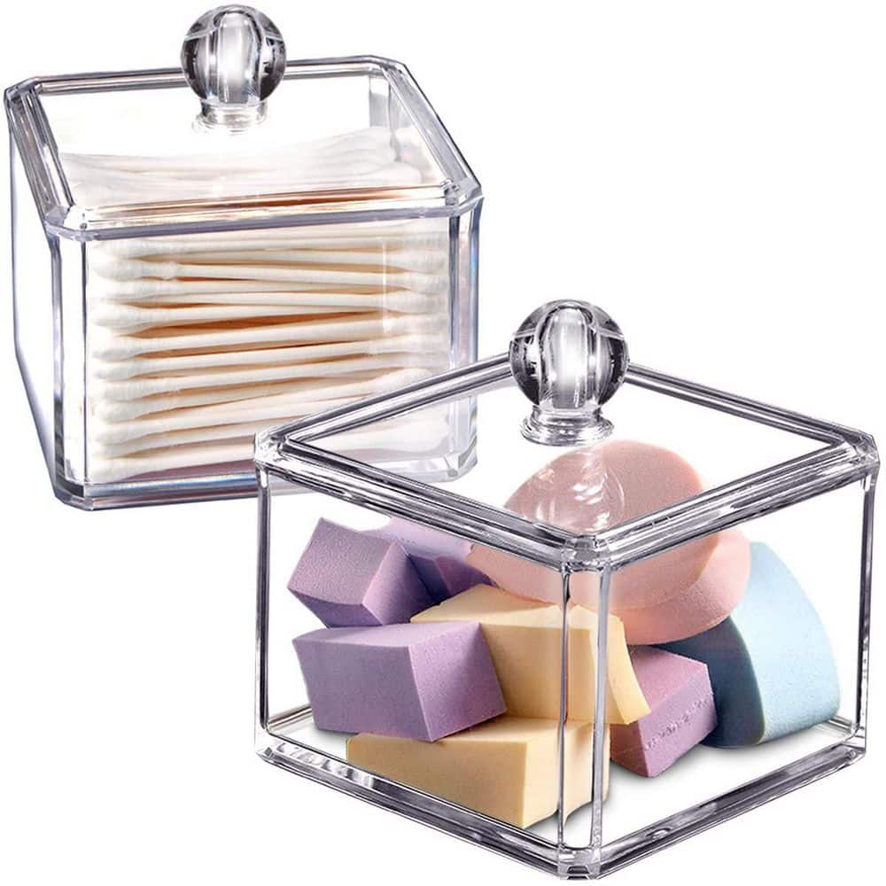 KHKFY 2-Pack Modern Square Acrylic Qtip Holder Jars with Lids for Bathroom Vanity, Clear Shatterproof Jars (1)