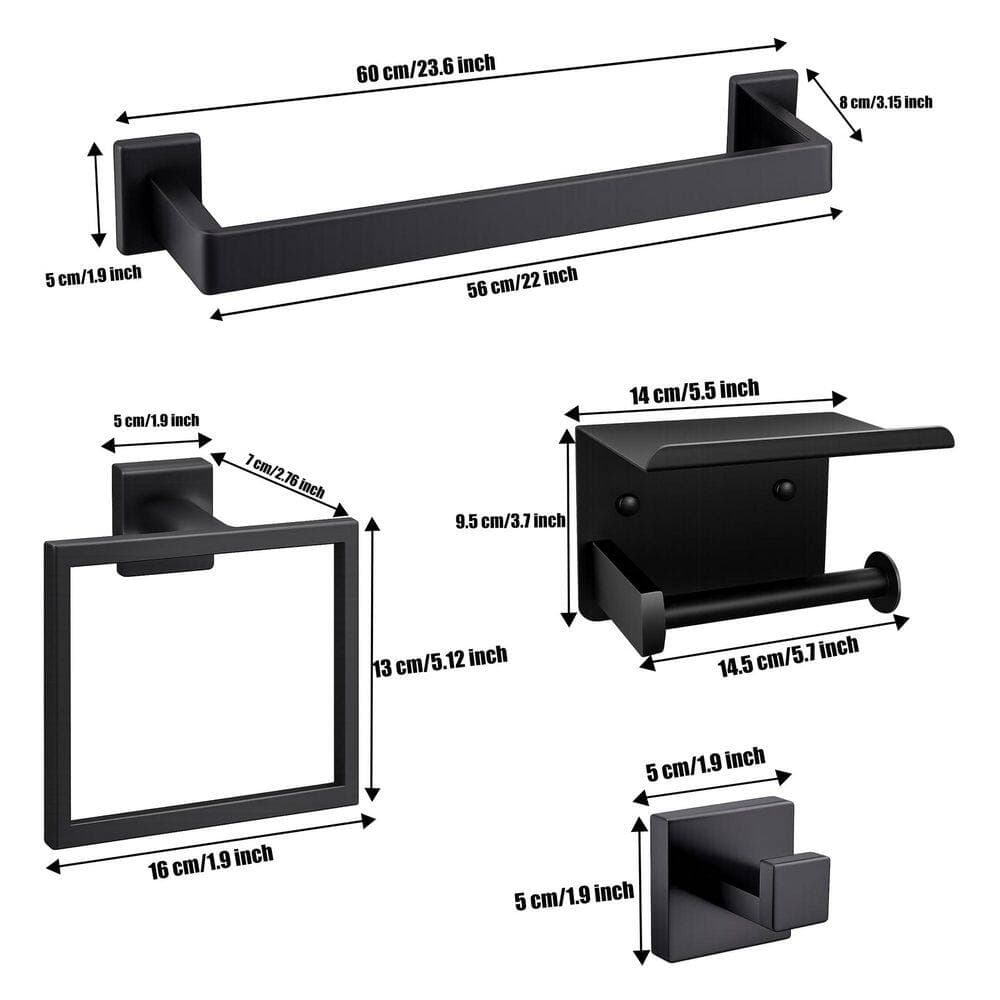 Anqtovp 5-Piece Bathroom Hardware Set with Towel Bar Towel Ring Paper Holder Shelf Robe Hooks in Matte Black (2)