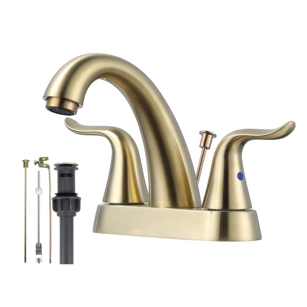IVIGA 4 in. Centerset Double Handle Gooseneck Bathroom Faucet with Drain Kit and Supply Lines Included in Gold (1)
