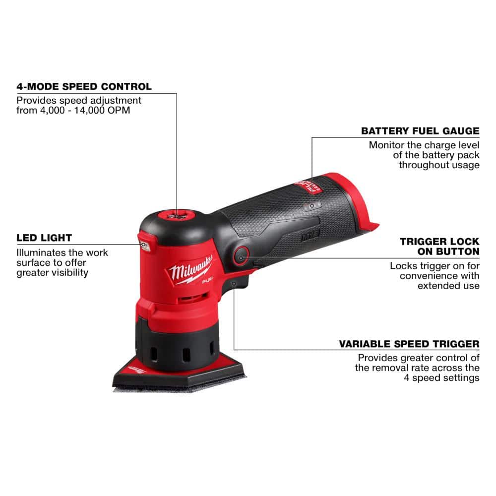 Milwaukee M12 FUEL 12-Volt Lithium-Ion Brushless Cordless Orbital Detail Sander with CP 2.0Ah Battery and Charger (3)