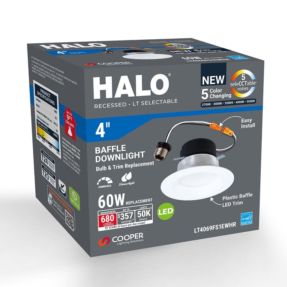 HALO 1-pack LT 4 in. Selectable 5CCT IC Rated Indoor Integrated LED Recessed Light with Baffle Trim, 600 Lumens, Matte White (3)