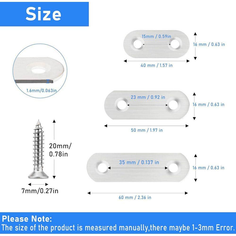KIWDZFU 32 Pcs 2. 36x0. 63 in. 1.6-Gauge Stainless Steel Flat Plate Straight Bracket with 64 Screws for Furniture Support (2)