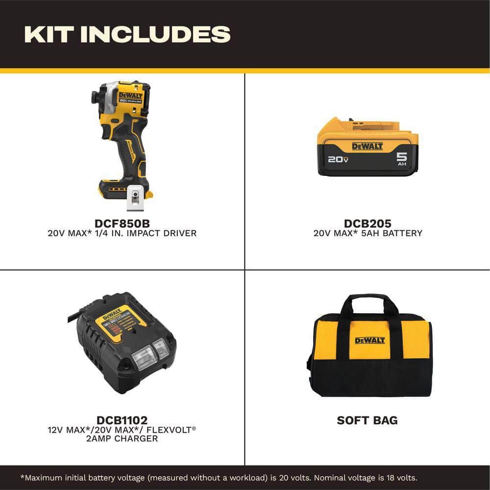 DEWALT ATOMIC 20V MAX Lithium-Ion Cordless 1/4 in. Brushless Impact Driver Kit, 5 Ah Battery, Charger, and Bag (2)