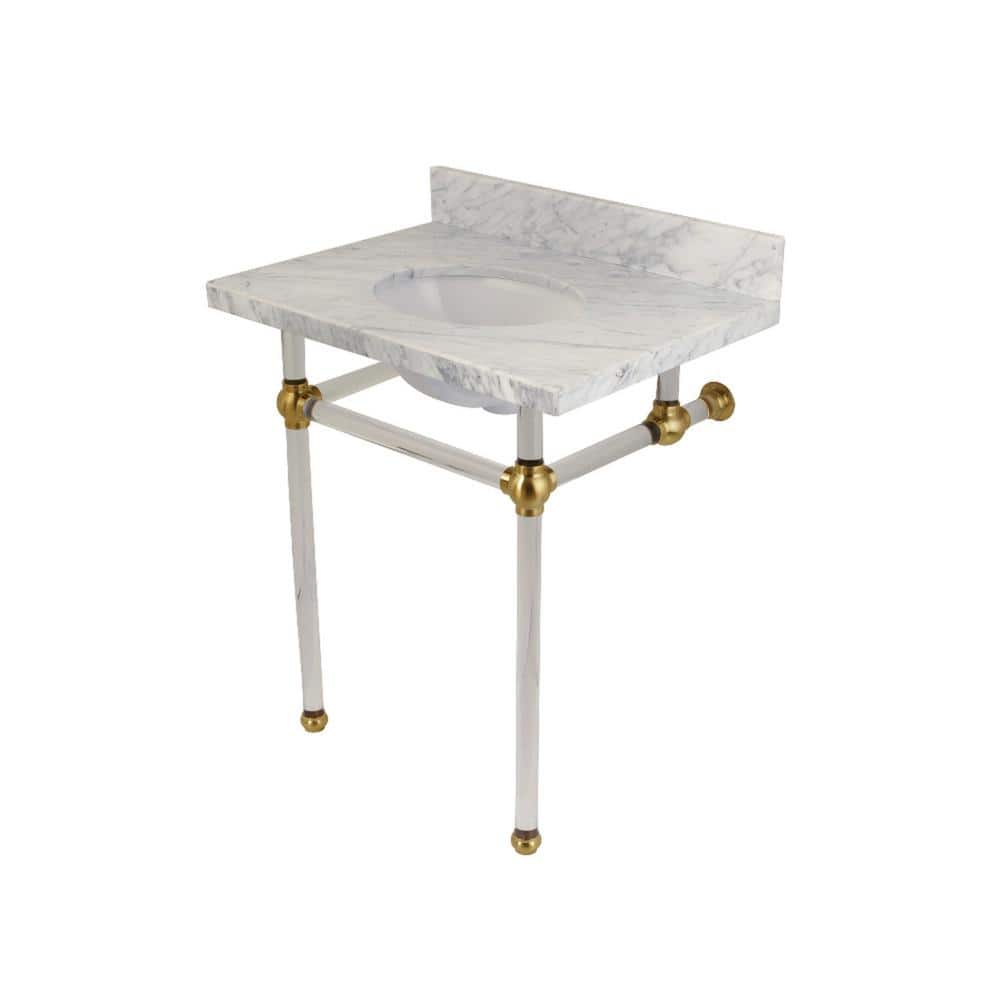 Unbranded Washstand 30 in. Console Table in Carrara Marble White with Acrylic Legs in Brushed Brass (1)