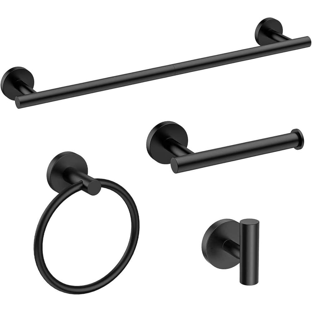 Adrinfly 4-Piece Bathroom Hardware Set with Towel Bar, Toilet Paper Holder, Towel Ring, Robe Hook in Matte Black Finish