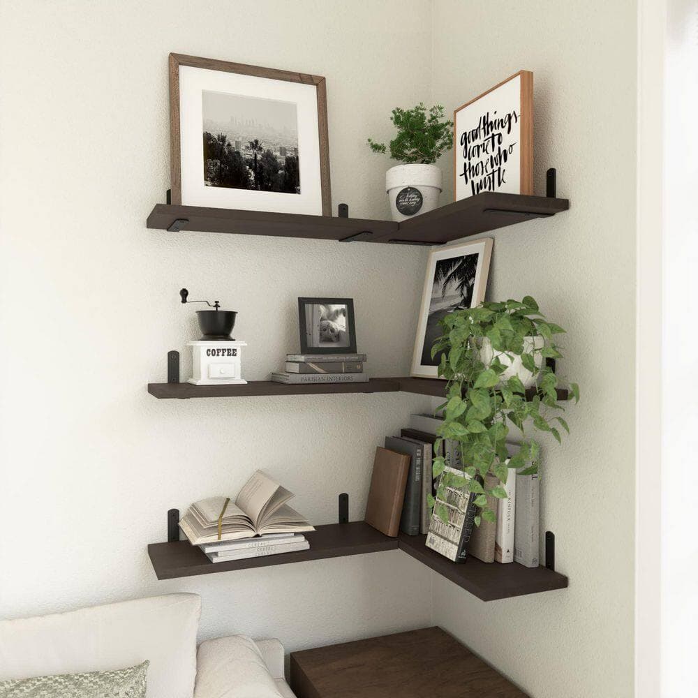 Wudkey 6-Set Wood Floating Shelves, Wall Mount Farmhouse Shelves for Bathroom Bedroom Storage and Decor, Dark Brown (3)