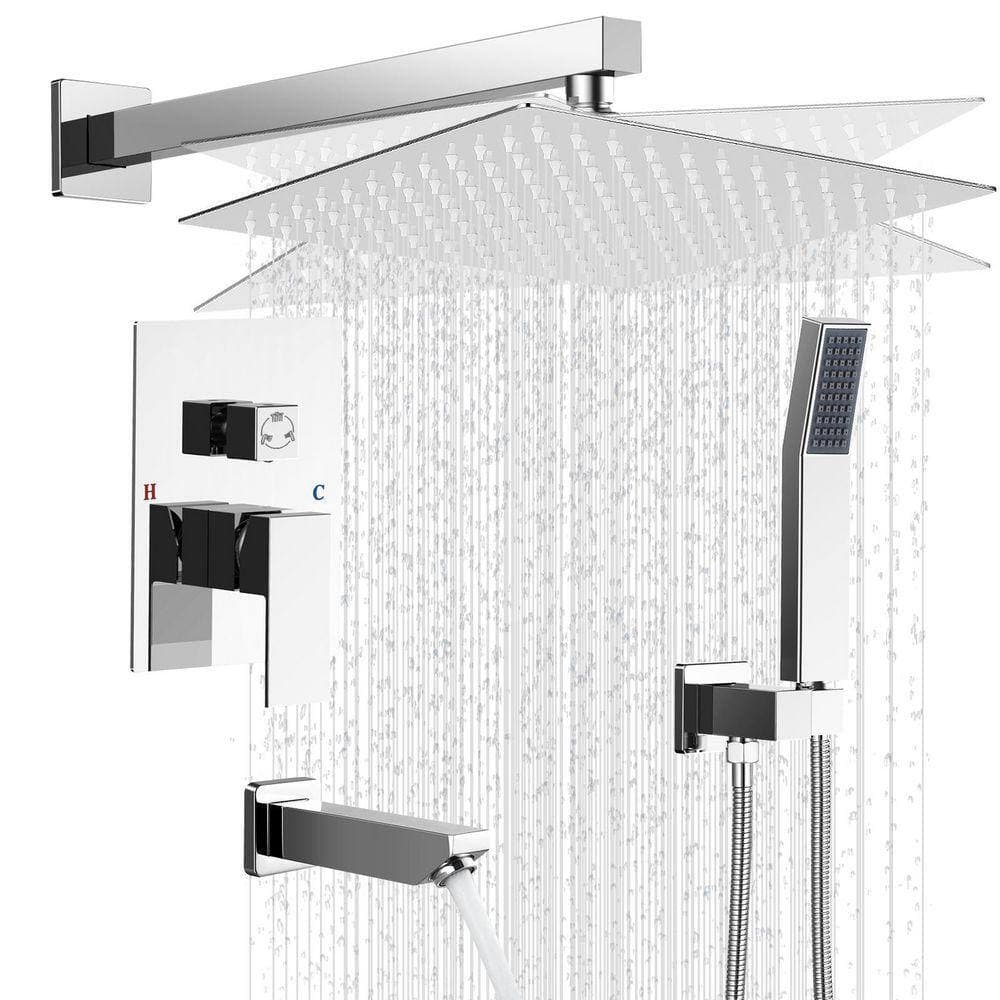AKLFGN Single Handle 3-Spray Tub and Shower Faucet with 12 in. Rain Shower Heads 1.8 GPM in Polished Chrome (Valve Included) (3)