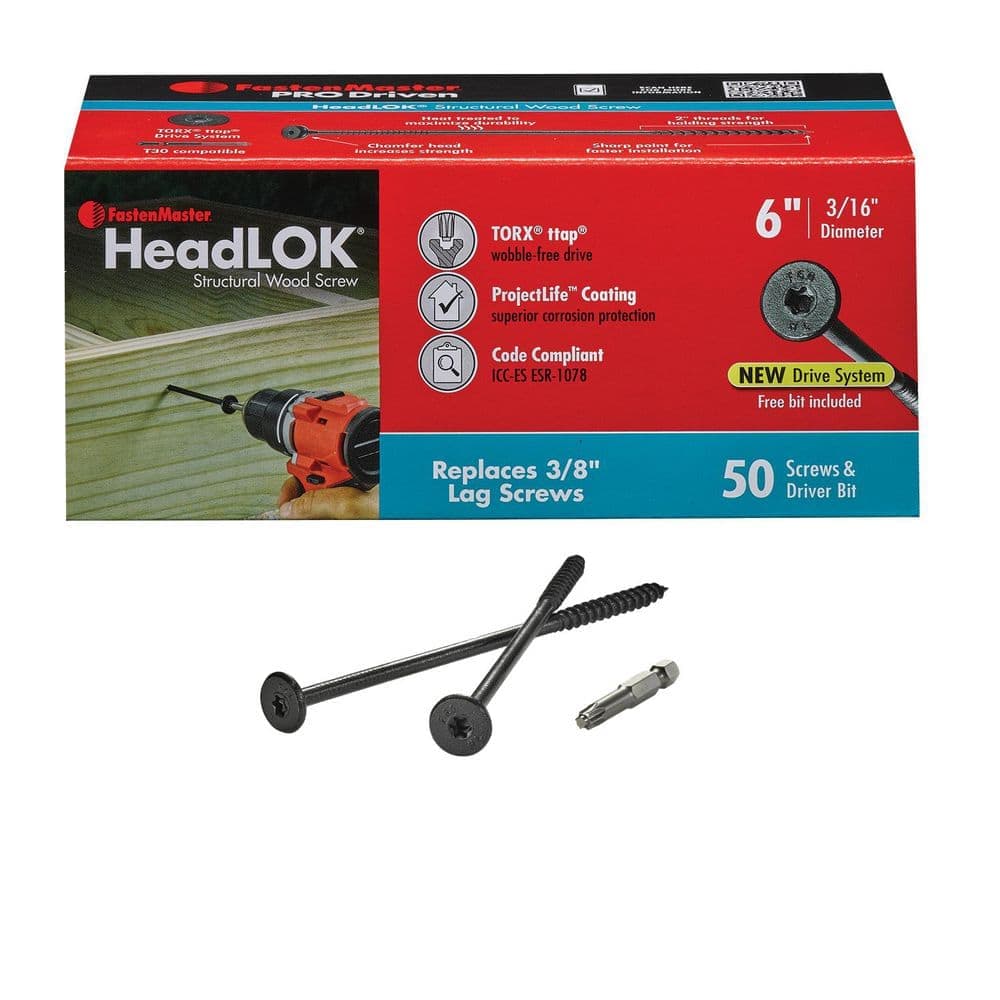 FastenMaster 6 in. HeadLOK Structural Wood Screws Flat Head Wood Screws, Black (50-Pack)