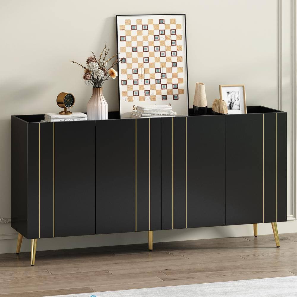 Unbranded 62.9 in. W x 14.9 in. D x 31.4 in. H Black Wood Linen Cabinet with 5 Metal Legs, 4 Adjustable Shelves, Gold Lines Doors (2)