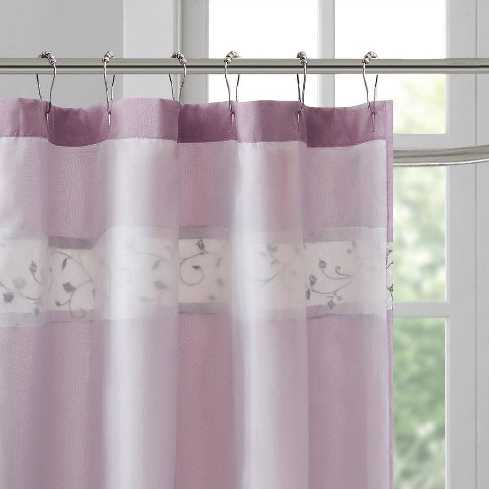 Aoibox 72 in. W x 72 in. L Faux Silk Embroidered Floral Polyester Shower Curtain in Purple (2)