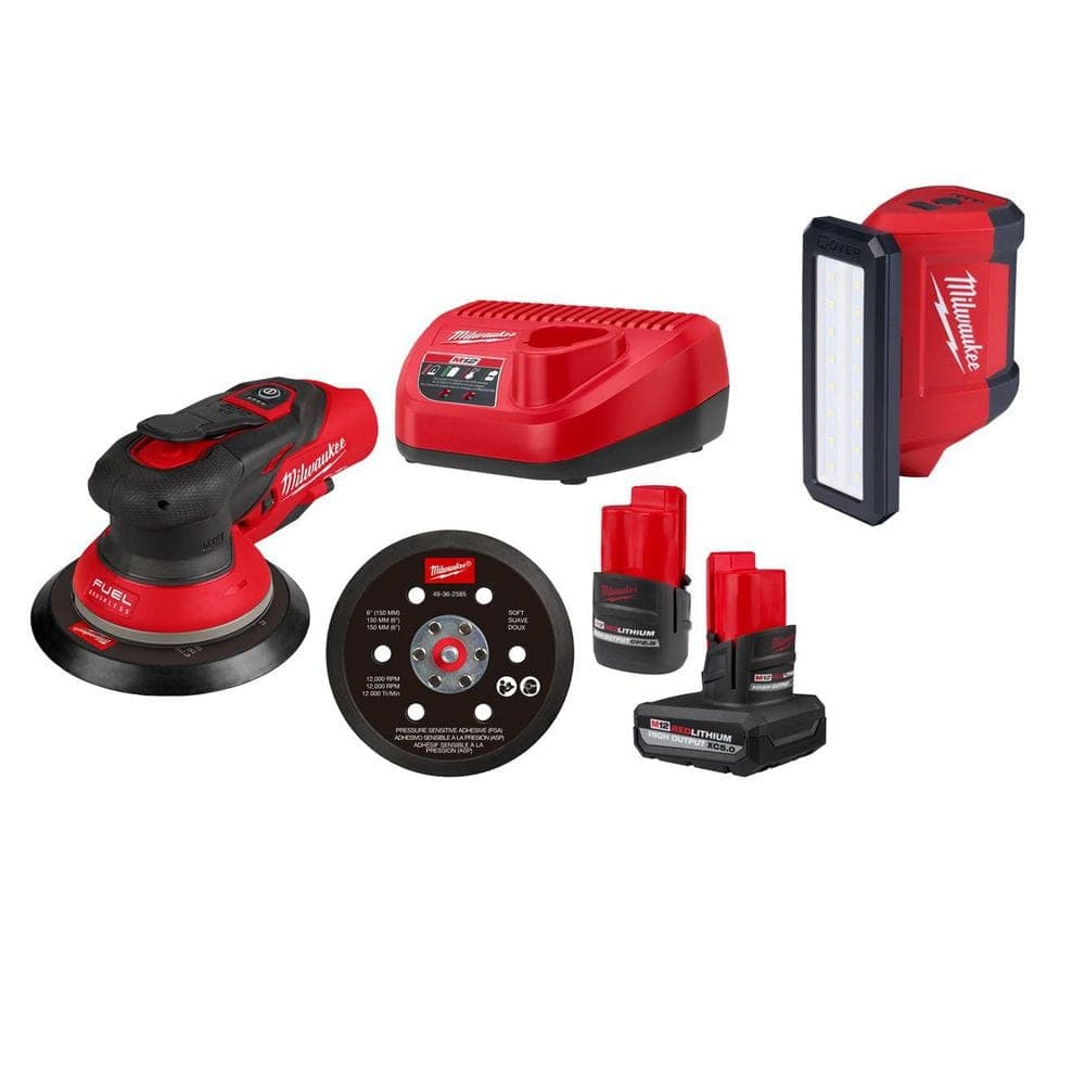 Milwaukee M12 FUEL 12-Volt Li-Ion Brushless Cordless 6 in. Random Orbital Sander Kit (3/32 in) w5.0Ah, 2.5Ah Batteries,&FloodLight (1)