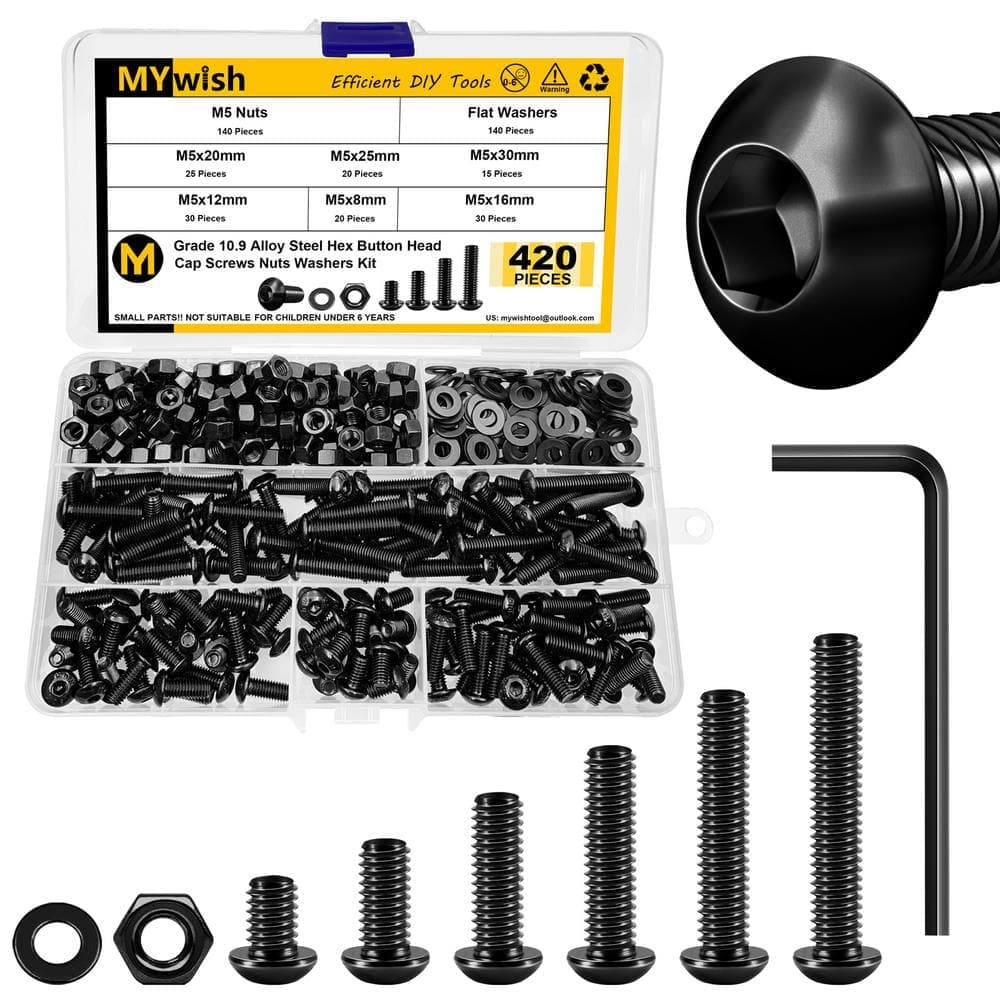 MYWISH Carbon Steel M5 x 8/12/16/20/25/30mm Button Head Assorted Screw Kit with Hex Spanner (420-Pack)
