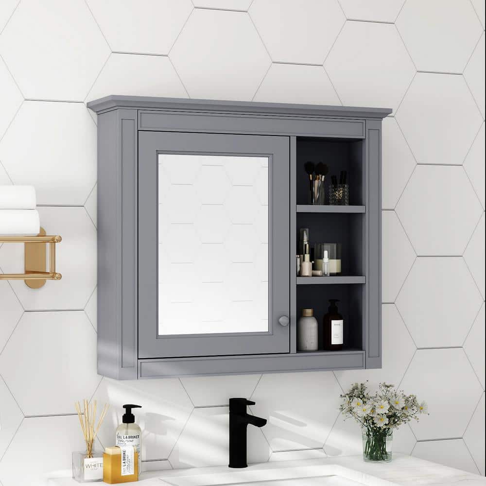 Unbranded 30 in. W x 7.32 in. D x 28 in. H Gray Bathroom Storage Wall Cabinet with Mirror, 3 Open Shelves (Not Bathroom Vanity) (2)